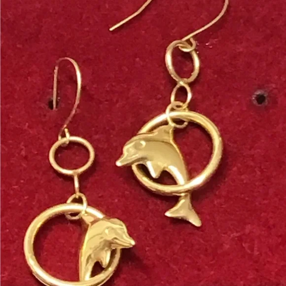 Gold 14k Dolphin jumping through Hoop Drop Earrings Rare vintage ret $850 - Picture 2 of 12